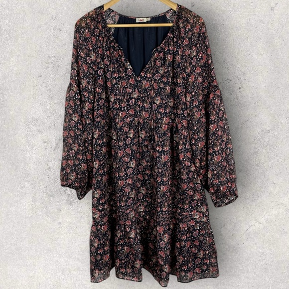 Faherty Silk Sage Wood Tiered Long Sleeve Shift Dress Womens Size Large Bohemian - Picture 3 of 14